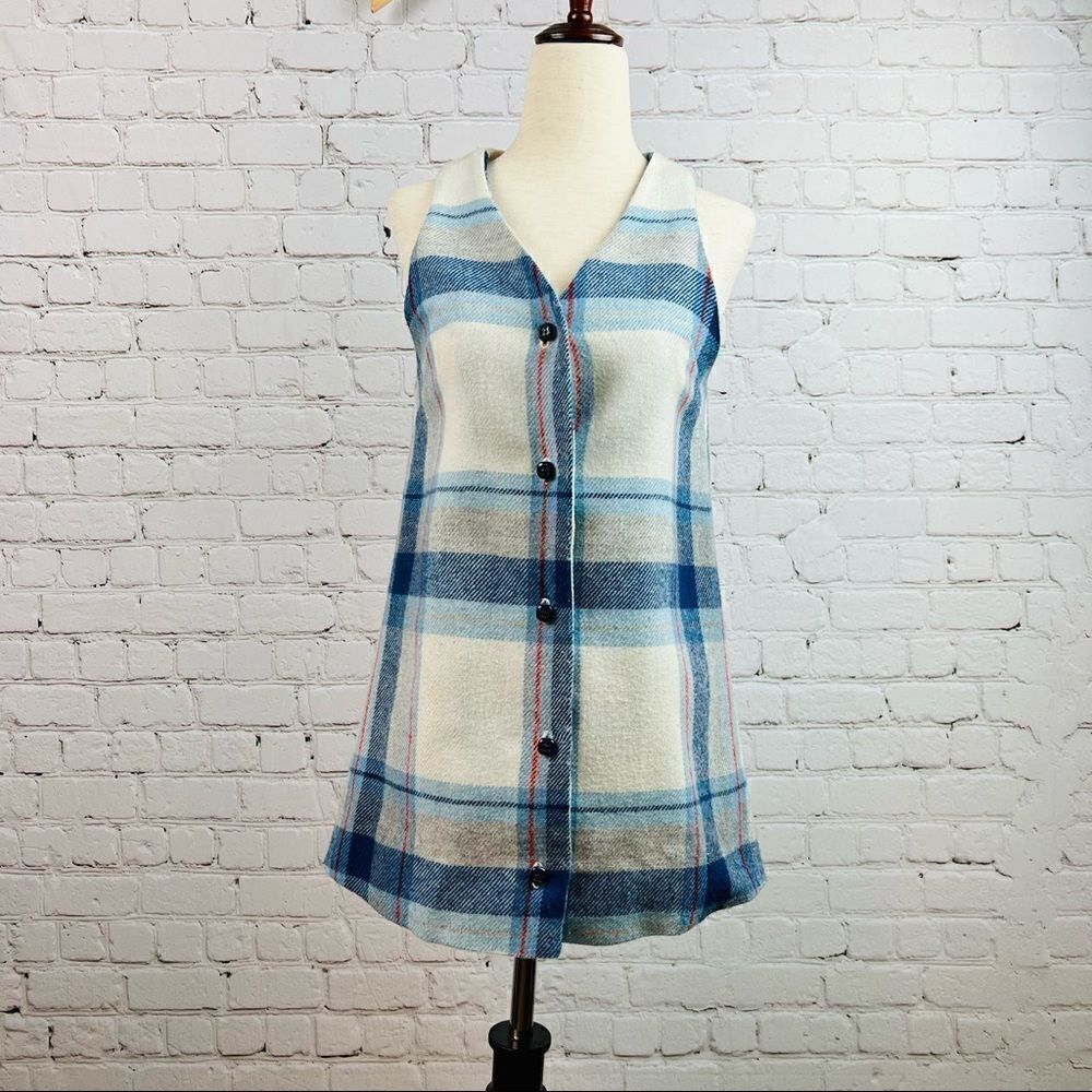 Vintage 60s Handmade Blue Flannel Wool Plaid Button Front Vest